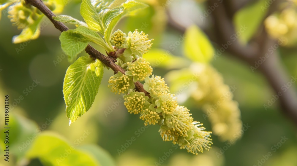 Close up of early spring pollinating tree showcasing pollen clusters affecting allergies with ample copy space for public health messaging Close up of early spring pollinating tree showcasing pollen clusters affecting allergies with ample copy space for public health messaging