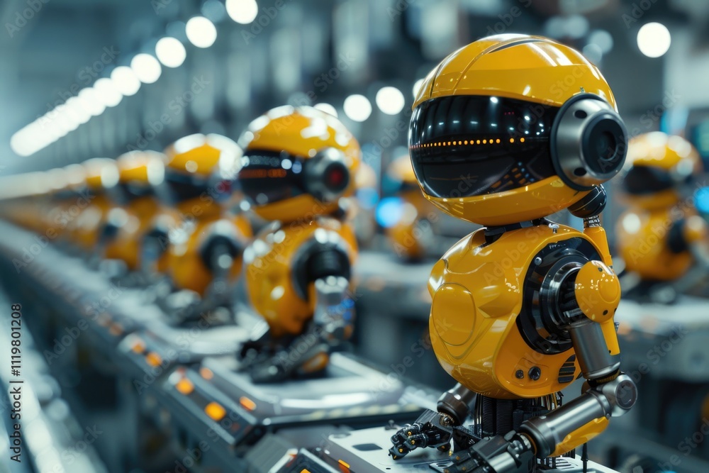Industrial setting with robots moving along a production line Industrial setting with robots moving along a production line