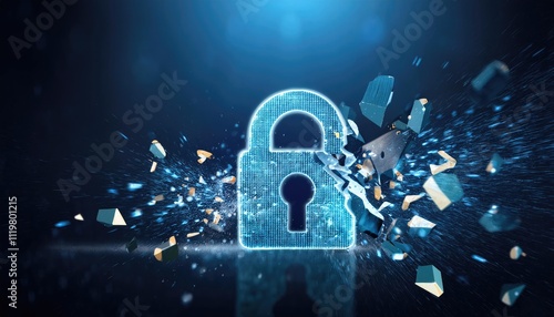 Digital lock icon breaking apart, symbolizing a cybersecurity breach or data vulnerability photo