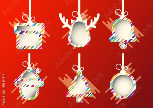 Celebrate the joy of Christmas with a vibrant red holiday background, adorned with festive decorations with Gift, deer, bell, ball, Christmas tree, Santa Claus face to brighten your season.