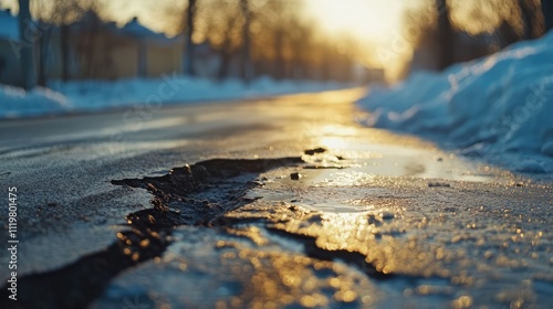 Pothole-filled damaged sidewalk in winter, with glistening wet pavement and snow on the sides, highlighting the effects of freeze-thaw cycles, urban infrastructure, seasonal changes. photo