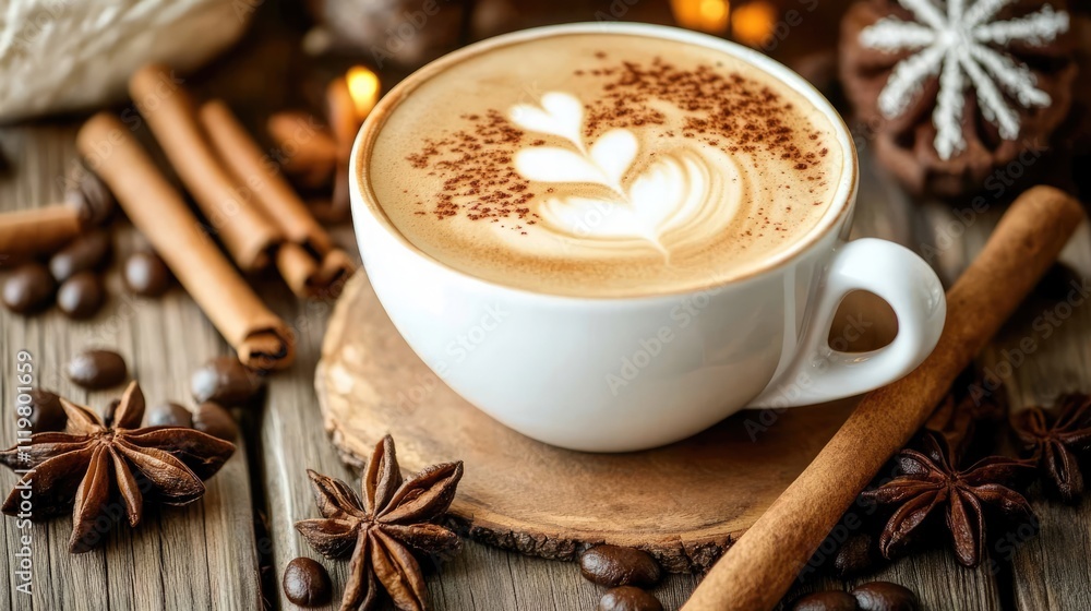 Coffee cup with intricate latte art on a rustic wood background, surrounded by coffee beans, cinnamon sticks, and star anise, warm ambiance, cozy atmosphere, food and beverage, still life. Coffee cup with intricate latte art on a rustic wood background, surrounded by coffee beans, cinnamon sticks, and star anise, warm ambiance, cozy atmosphere, food and beverage, still life.