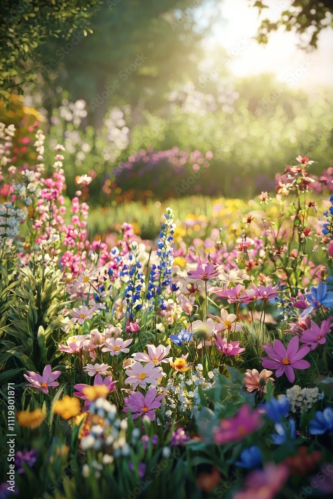 Obraz premium A vibrant garden filled with colorful wildflowers, bathed in the soft glow of sunlight, showcasing nature's beauty and diversity.
