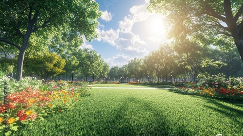 A lush green park with vibrant flowers and a bright sun shining through the trees.