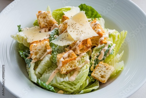 Caesar salad with crisp romaine lettuce, croutons, parmesan cheese shavings