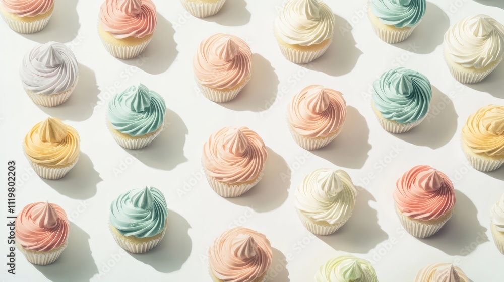 Vibrant pastel cupcakes beautifully arranged on a white background perfect for dessert themes and bakery promotions Vibrant pastel cupcakes beautifully arranged on a white background perfect for dessert themes and bakery promotions