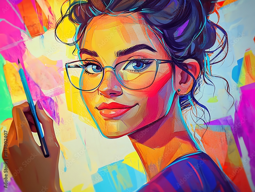 Obraz premium Cartoonish artist drawing a portrait with bright colors