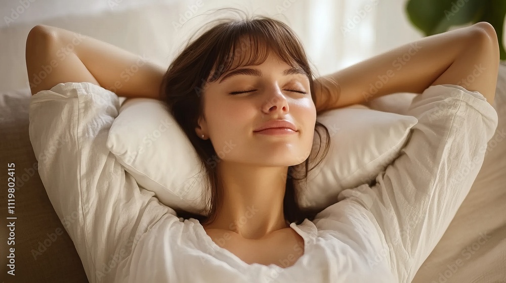 A Moment of Tranquility: A Woman Finds Peace in a Serene Home Setting. Relaxation, Comfort, and Serenity in a Simple Interior. A Peaceful and Contentful Moment of Rest A Moment of Tranquility: A Woman Finds Peace in a Serene Home Setting. Relaxation, Comfort, and Serenity in a Simple Interior. A Peaceful and Contentful Moment of Rest