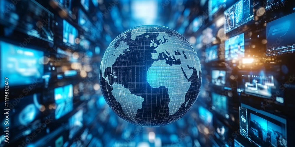 Futuristic Digital Globe, Global Network & Media Content Visualization, Ai Futuristic Digital Globe, Global Network & Media Content Visualization, Ai