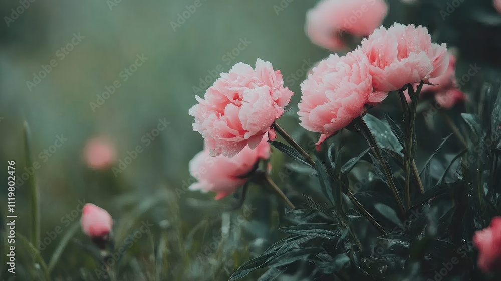 Delicate close-up of blooming pink peonies surrounded by lush green grass in a serene garden setting