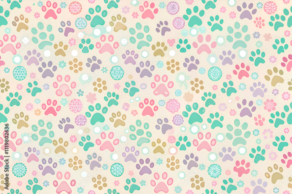 Pastel Paw Prints and Flowers. A Charming Seamless Pattern Pastel Paw Prints and Flowers. A Charming Seamless Pattern