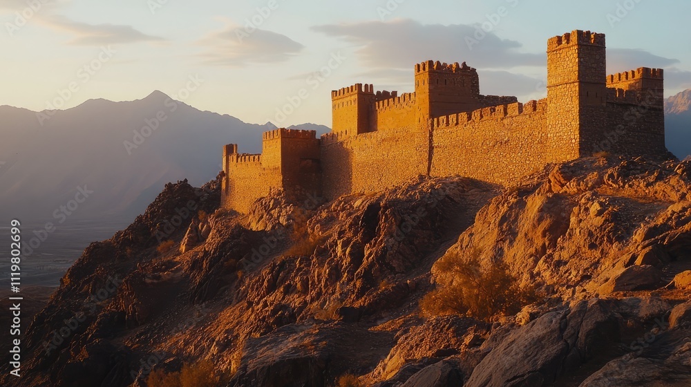 Closeup of ancient Arabic fortress at dusk with mountains in the background showcasing historic architecture and natural scenery Closeup of ancient Arabic fortress at dusk with mountains in the background showcasing historic architecture and natural scenery