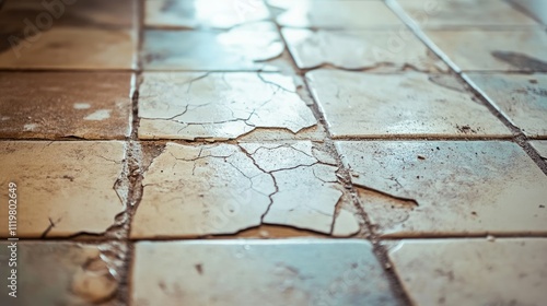 Close up of damaged floor tiles showcasing dirt and cracks highlighting the need for home improvement and renovation repair solutions photo