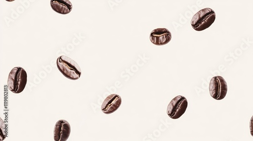 Close up of scattered roasted coffee beans on a neutral background ideal for illustrating and designing various coffee-related themes photo