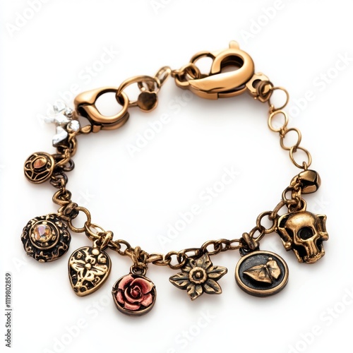 Charming bracelet adorned with various colorful charms on a white isolated background.