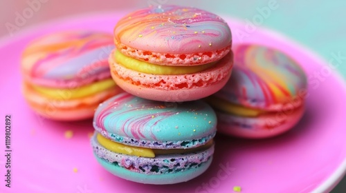 Colorful swirl macarons displayed on a vibrant pink plate, showcasing a variety of flavors and textures, perfect for dessert lovers, food photography, pastries, sweets. photo