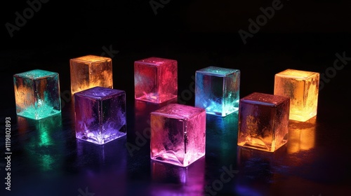 Colorful ice cubes arranged on a dark surface illuminated with vibrant lights representing seasons and calendar themes photo