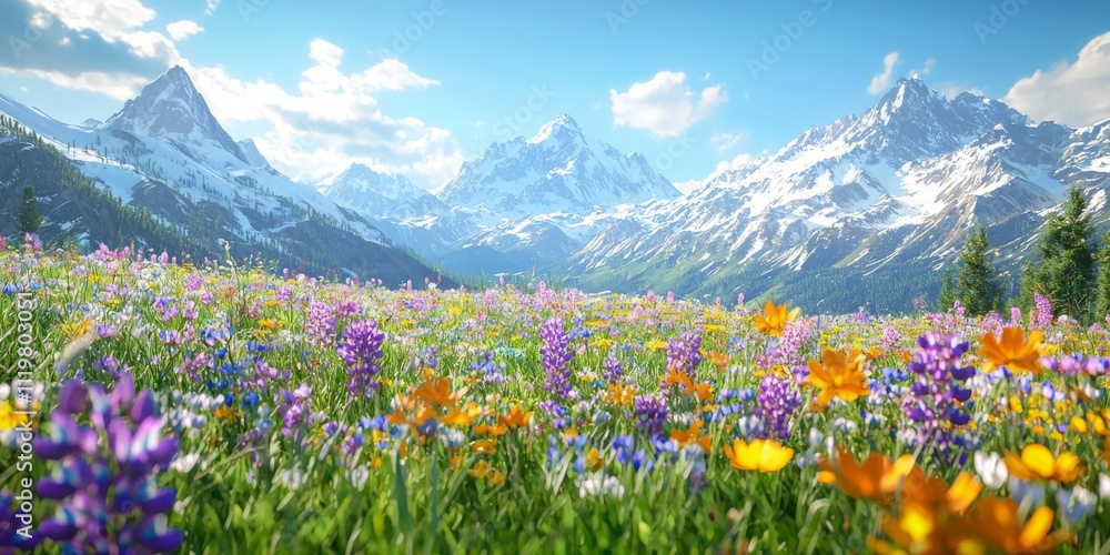 Obraz premium Vibrant Alpine Wildflower Meadow with Snow Capped Mountains