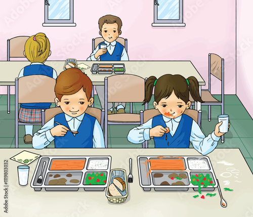 Students eating in the cafeteria. Dining rules. Etiquette.
