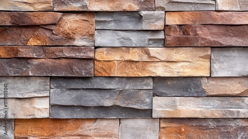 Masonry brick exterior wall at construction site showcasing various textured stone patterns in natural earthy tones