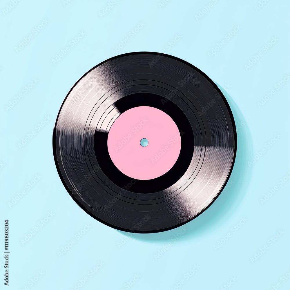 Fototapeta premium Minimalistic Vinyl Record with Pink Label on Light Blue Background