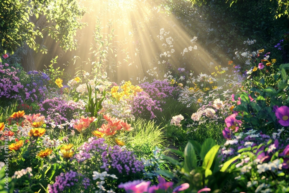 Naklejka premium A vibrant garden filled with colorful wildflowers, bathed in the soft glow of sunlight, showcasing nature's beauty and diversity.