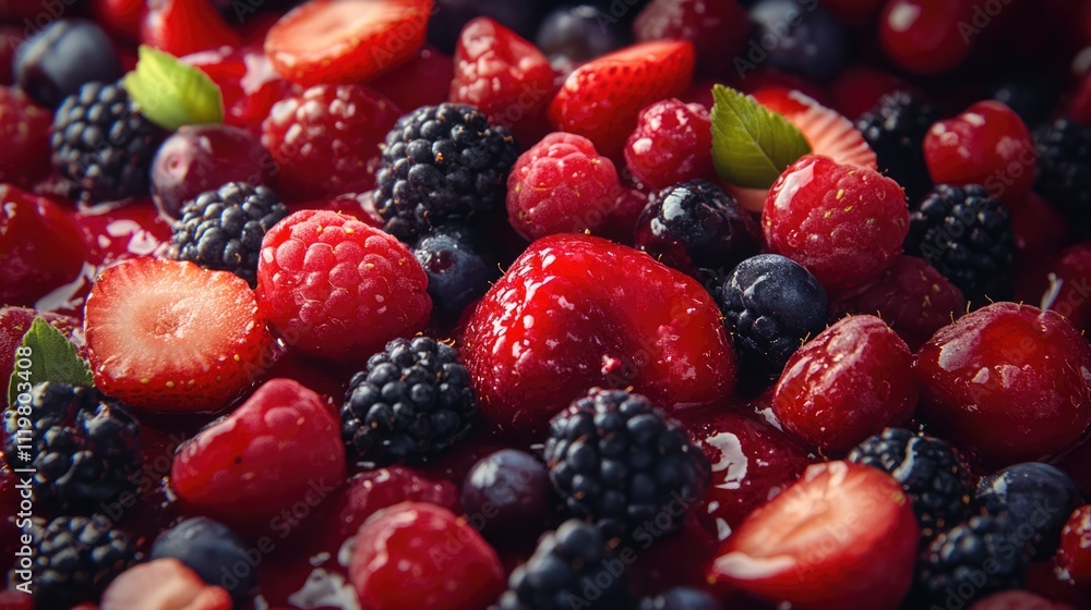 Close-up of a mouthwatering cake topped with a variety of fresh berries including strawberries, raspberries, blueberries, and blackberries. Close-up of a mouthwatering cake topped with a variety of fresh berries including strawberries, raspberries, blueberries, and blackberries.