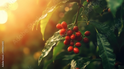 Fresh red coffee berries maturing on branch among lush green leaves, illuminated by warm sunlight, agricultural landscape, coffee industry, harvest season, nature.