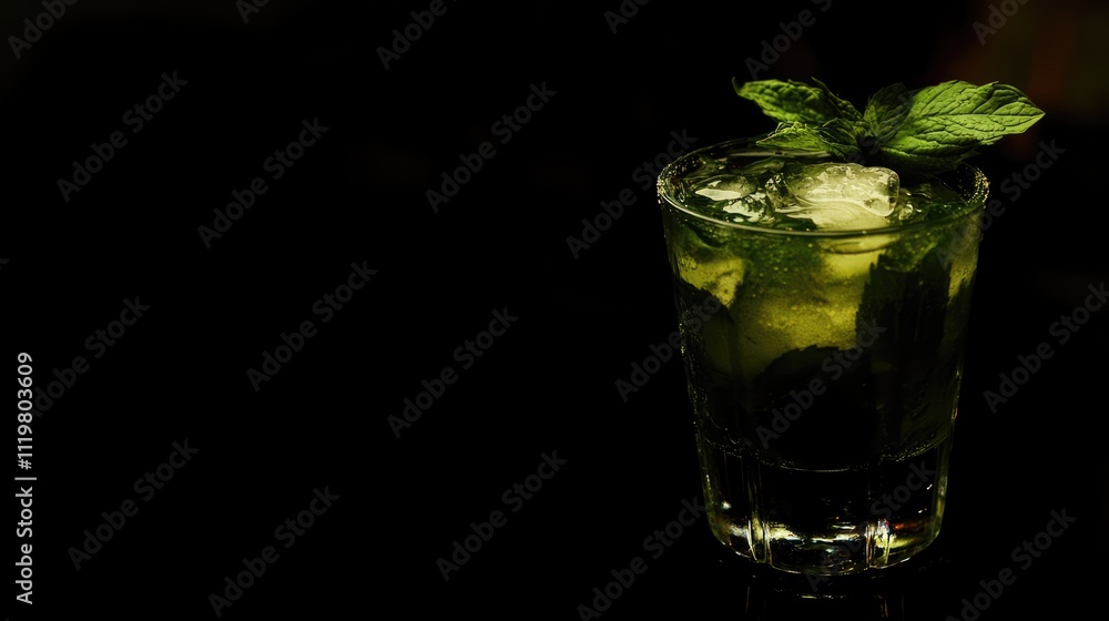 Refreshing mojito cocktail in a clear glass with fresh mint leaves and ice, set against a dark background, ideal for beverage promotion, cocktail recipes, clear space for text, drinks. Refreshing mojito cocktail in a clear glass with fresh mint leaves and ice, set against a dark background, ideal for beverage promotion, cocktail recipes, clear space for text, drinks.