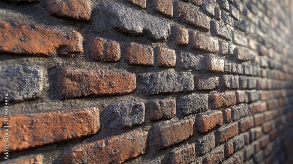 Textured red and gray brick wall with natural lighting creating depth and shadows for architectural or interior design backgrounds Textured red and gray brick wall with natural lighting creating depth and shadows for architectural or interior design backgrounds