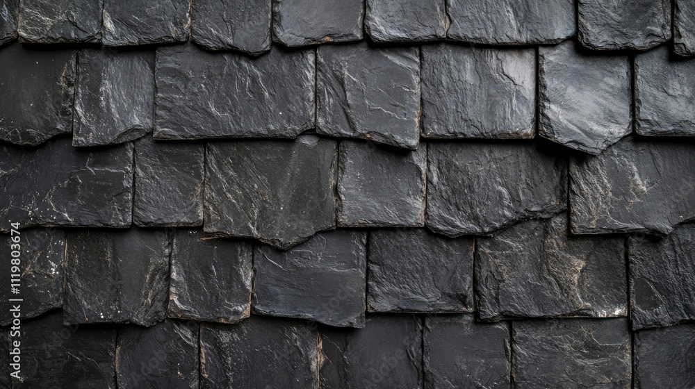 Detailed close-up view of textured black bitumen shingles on a residential roof, emphasizing the pattern and material quality, construction, real estate, home improvement. Detailed close-up view of textured black bitumen shingles on a residential roof, emphasizing the pattern and material quality, construction, real estate, home improvement.
