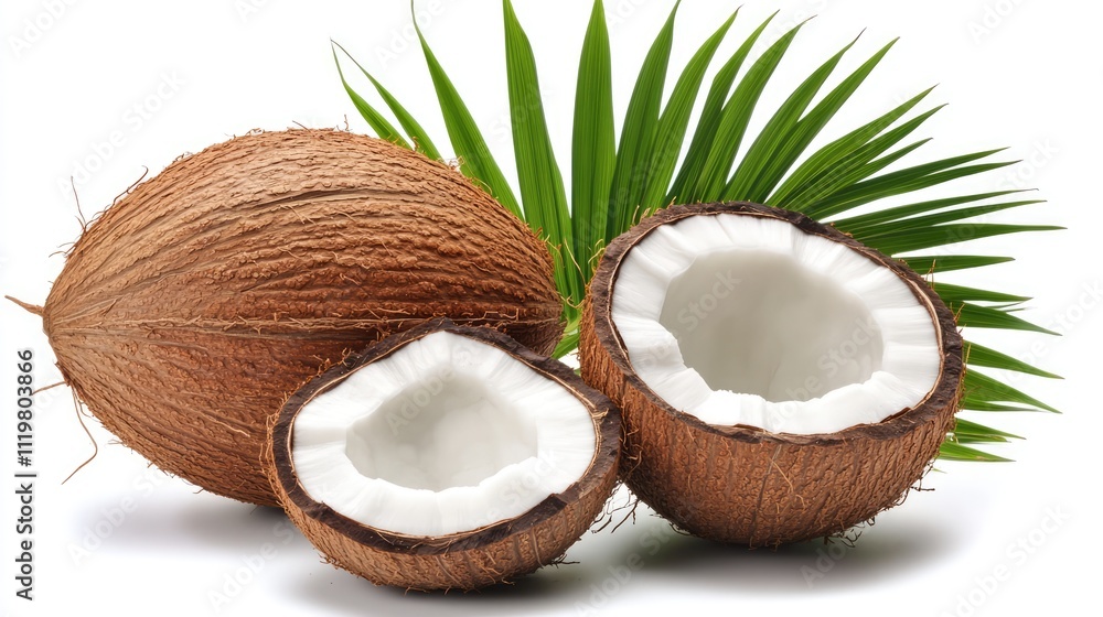 Coconuts and coconut leaves arranged on a clean white background showcasing tropical freshness and natural beauty for culinary or decorative use Coconuts and coconut leaves arranged on a clean white background showcasing tropical freshness and natural beauty for culinary or decorative use