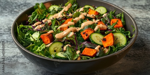 A vibrant salad with greens, cucumbers, sweet potatoes, and a creamy dressing.