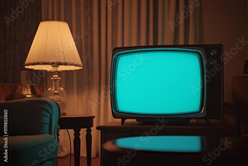 A vintage television set, glowing with the soft blue light of an old-fashioned TV in a dimly lit room. The screen is blank photo