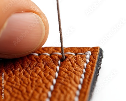 Close-up of hand stitching leather, showcasing craftsmanship and detail.
