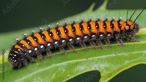 Colorful caterpillar resting on a vibrant green leaf in a lush Thai environment showcasing nature's beauty and biodiversity photo