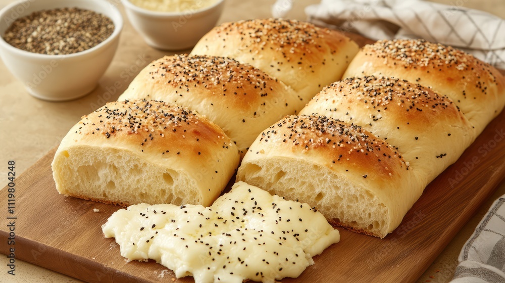 Golden crusty bread rolls topped with black poppy seeds served with melted cheese and seasonings on a wooden cutting board, food, bakery, delicious, comfort food. Golden crusty bread rolls topped with black poppy seeds served with melted cheese and seasonings on a wooden cutting board, food, bakery, delicious, comfort food.