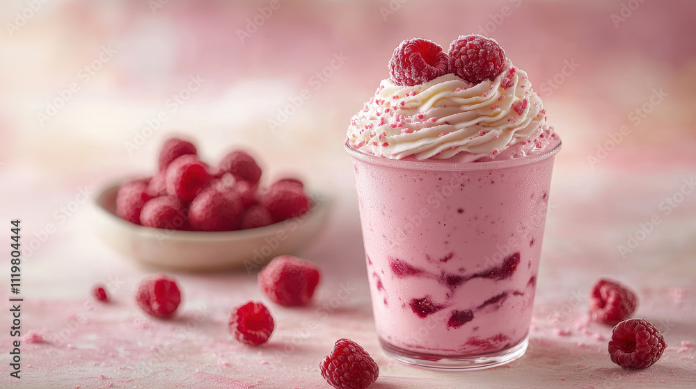 Delicious raspberry milkshake topped with whipped cream and fresh raspberries Delicious raspberry milkshake topped with whipped cream and fresh raspberries