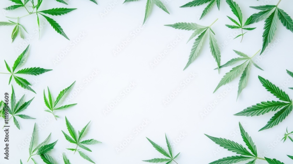 Fototapeta premium Cannabis plant leaves arranged in a circular frame on a white background emphasizing green natural wellness and herbal medicine concepts