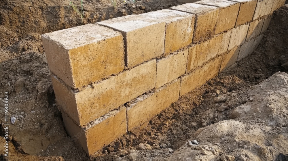 Obraz premium Bricklayer constructing a sturdy foundation wall with concrete blocks in a residential building site