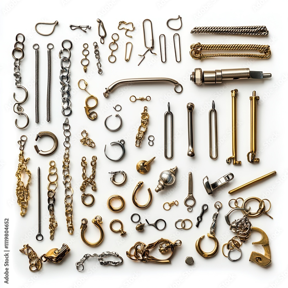Collection of assorted metal hardware pieces on a white isolated background. Collection of assorted metal hardware pieces on a white isolated background.