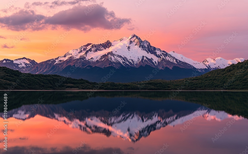 Fototapeta premium Majestic snowcapped mountain reflecting in calm lake at sunset
