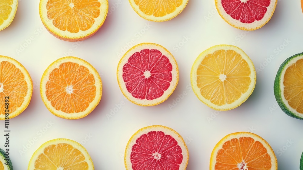 Obraz premium Colorful close-up arrangement of sliced citrus fruits, including oranges, lemons, and grapefruits, set against a clean white background, fresh produce, healthy eating, vibrant colors.