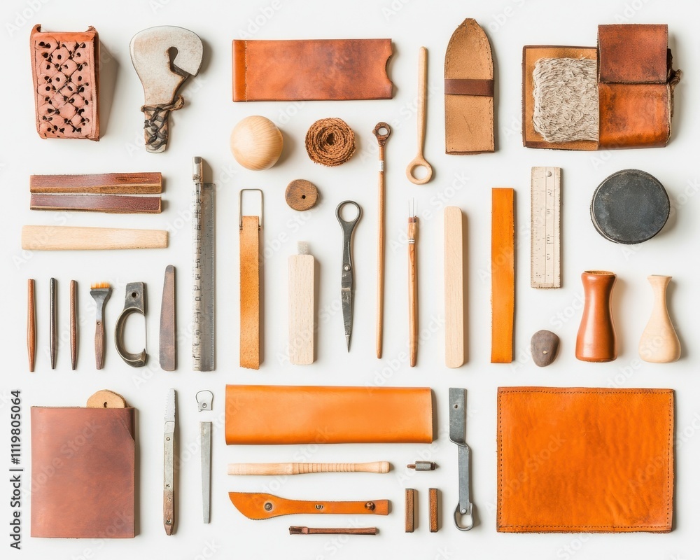 Collection of leather crafting tools on a white isolated background. Collection of leather crafting tools on a white isolated background.