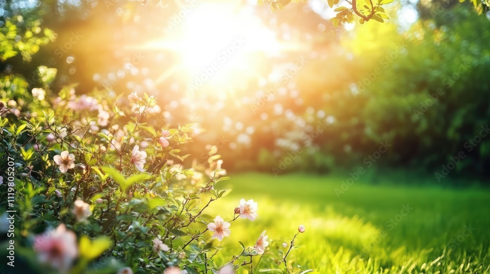Obraz premium Sunlight illuminating blooming shrubs in vibrant garden setting with lush green grass and soft flares of natural light