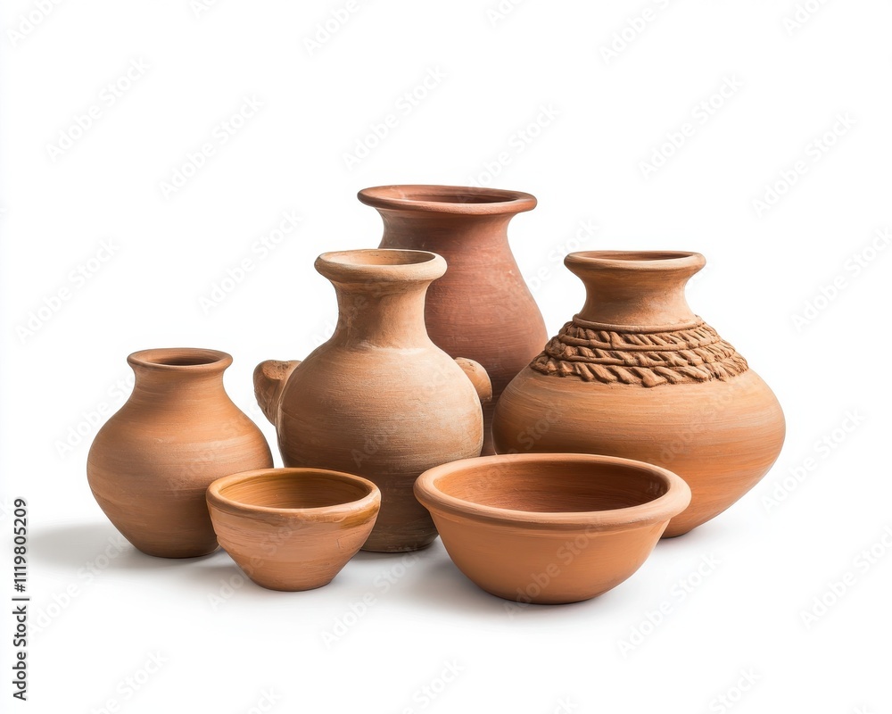 Collection of traditional clay pots with various shapes and sizes on white background. Collection of traditional clay pots with various shapes and sizes on white background.