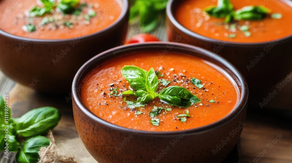 Refreshing chilled tomato gazpacho served in bowls, garnished with fresh basil and herbs, perfect for summer dining. Refreshing chilled tomato gazpacho served in bowls, garnished with fresh basil and herbs, perfect for summer dining.