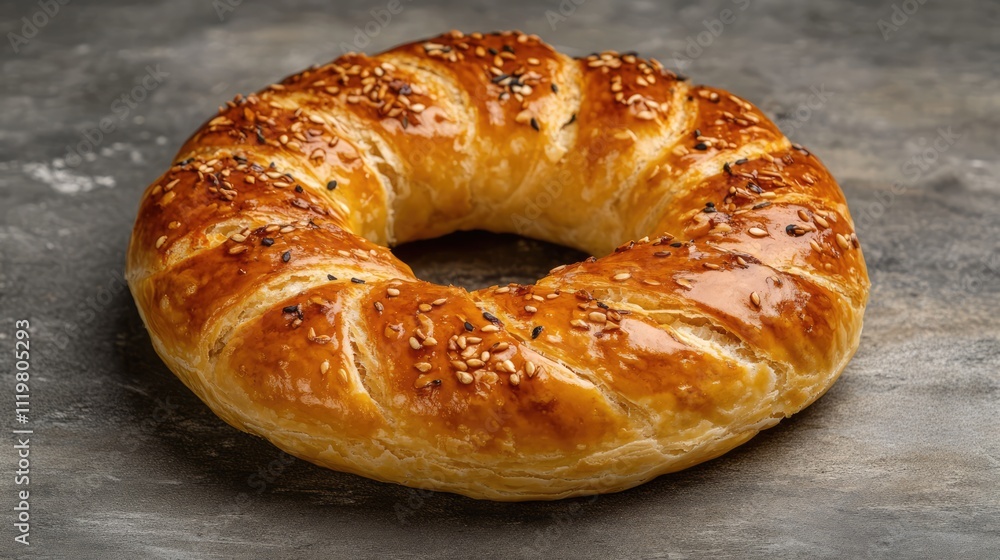 Traditional Turkish simit bagel adorned with sesame seeds showcasing authentic bakery craftsmanship and fresh pastry delight. Traditional Turkish simit bagel adorned with sesame seeds showcasing authentic bakery craftsmanship and fresh pastry delight.