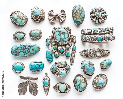 Collection of turquoise jewelry pieces and silver accessories on a white background.