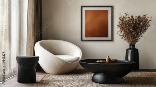 Stylish living room interior featuring a modern black coffee table, rounded armchair, dried flower vase, and personal decor with a mock-up poster frame on the wall, home decor, interior design, lifest photo